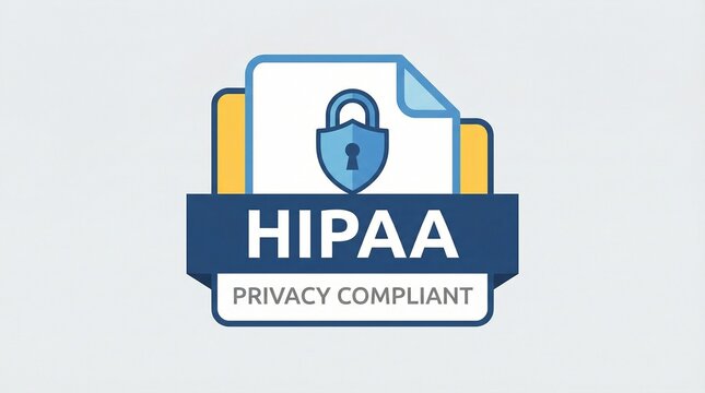 hipaa privacy compliant badge illustration with locked document folders and padlock icon for healthcare data security patient information protection and medical records confidentiality standards