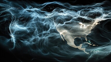 Data Cloud Over North America, aerial view of North America obscured by a translucent cloud, digital data streams, concentrated data center hubs