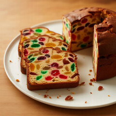 Colorful Fruit Cake with Glazed Candied Fruits, Sliced and Served on Plate