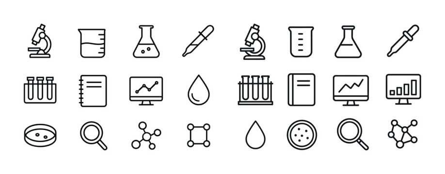 Set of science laboratory icons including microscope, beaker, te