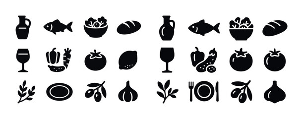 Fototapeta premium Set of black food icons: fish, vegetables, bread, wine, plates,