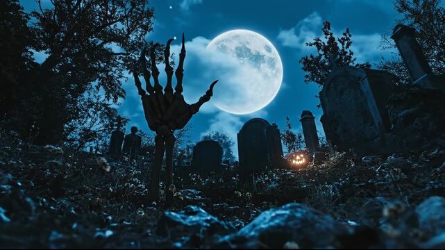Eerie graveyard scene with a skeleton hand and glowing pumpkin.
