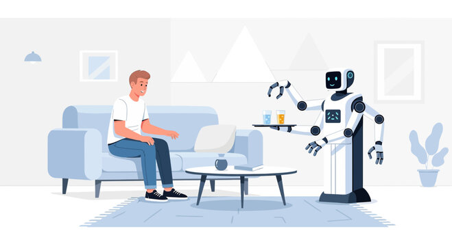 Modern lifestyle with automated home assistance and robotic butler delivering beverages
