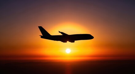 Silhouette of airplane against vibrant sunset sky: capturing the essence of travel and aviation