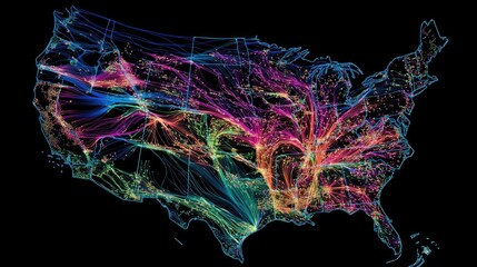 Data Highways of the USA, map illustrating the complex web of fiber optic cables crisscrossing the United States, modern design