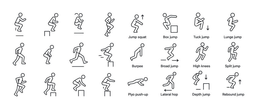Illustrated exercise guide with jumping and plyometric moves