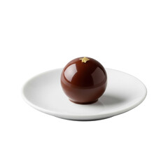 Spherical dark chocolate truffle with gold leaf on a minimalist white plate, isolated on a seamless transparent background, soft studio lighting, 45-degree view. Luxury concept