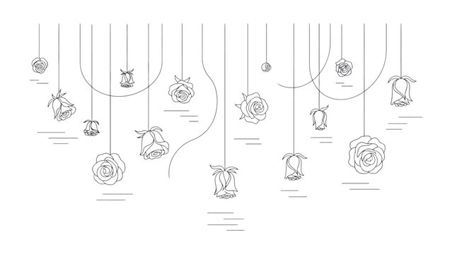 Delicate Floral Display: An elegant illustration showcases a collection of suspended roses, each meticulously detailed with fine lines, creating a minimalist yet captivating design.