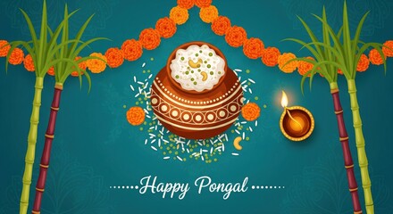 Traditional Happy Pongal Festival Celebration with Harvest Elements