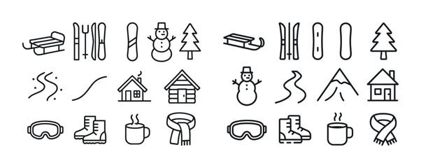 Naklejka premium Winter icons set: snowman, skis, snowboard, cabin, hot drink, sc