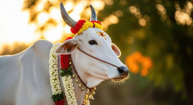 Decorated Indian Cow at Golden Hour Sunset