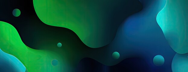 Abstract fluid art with green, teal, and blue organic shapes. Smooth gradients and spheres create depth