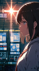 A student in anime style looks to the side, glowing light shines from above, with tech panels behind