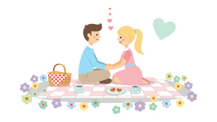 Love's Picnic: Two figures share a moment of connection amidst a charming picnic scene, with hearts symbolizing their affection. 