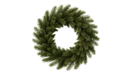A realistic circular wreath of green foliage and tiny yellow flowers perfect for holiday designs on transparent background