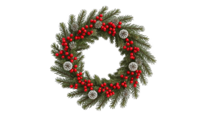 a festive christmas wreath composed of evergreen branches red berries and pinecones perfect for holiday decorations on transparent background