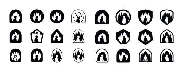 Silhouette icons of people inside cave-like shapes