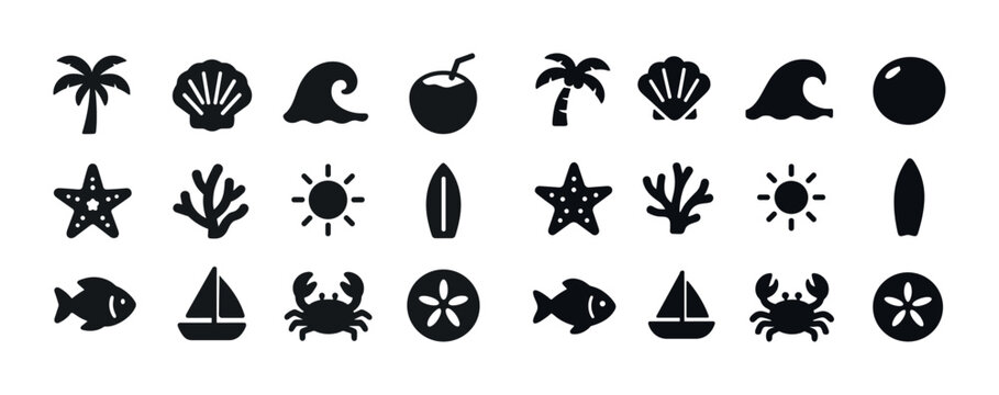 Beach and ocean icons: palm trees, shells, waves, and sea creatu