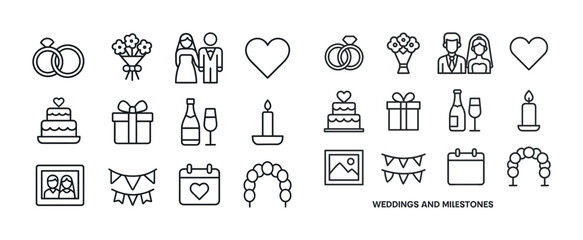 Wedding and milestone icons: rings, cake, gifts, candle, heart,