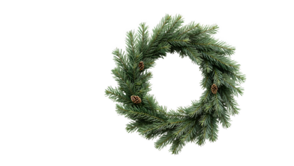 a detailed evergreen wreath with pinecones and subtle golden accents perfect for festive designs on transparent background