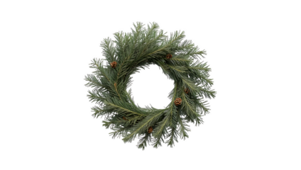 a lush circular wreath composed of evergreen branches and adorned with small orange berries on transparent background
