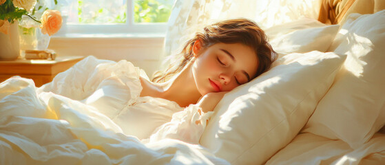 Sunbeams gently illuminate a sleeping girl on a snow-white bed, creating an atmosphere of peace and tranquillity — the perfect atmospheric backdrop for advertising bedding or relaxation practices.