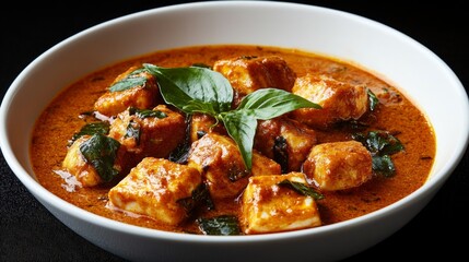 Fototapeta premium This appetising dish with pieces of chicken in a fragrant sauce, garnished with herbs, will be the main feature of culinary blogs and restaurant menus.