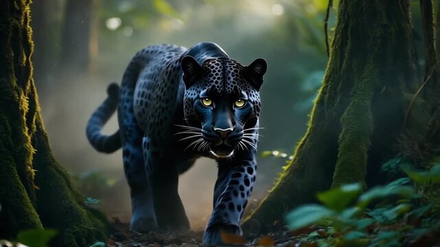 Black Panther Walking Through Dense Rainforest with Glowing Eyes HD