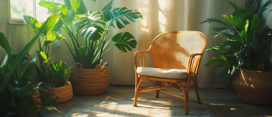 A cosy corner with a wicker armchair and tropical plants creates a relaxing atmosphere, fitting perfectly into the design background for interior design magazines or furniture advertising.