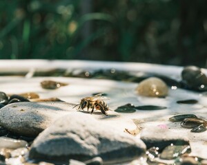 A busy bee pauses to drink from a shallow pool filled with pebbles. The sunlight gleams on the water and stone, creating a peaceful drinking spot on a bright day © Damian