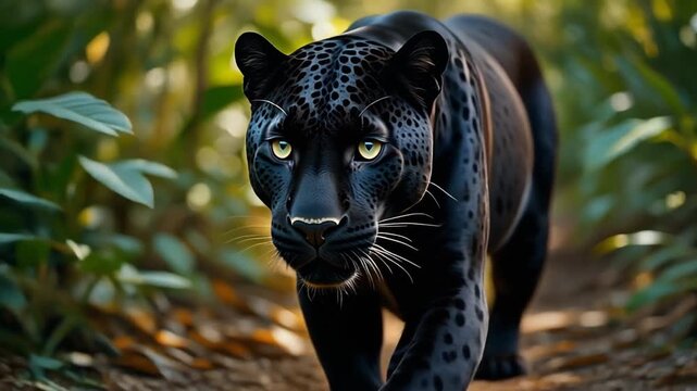 Black Panther Walking Through Dense Rainforest with Glowing Eyes HD