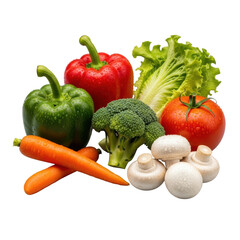 Still life of fresh red/green bell peppers, tomato, broccoli, lettuce, carrots, mushrooms with glistening water droplets, isolated on pristine transparent. Concept of healthy freshness