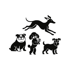 Vector Silhouette Illustration Set: Four Distinct Dog Breeds in Black - Greyhound Running, Happy Bulldog Sitting, Poodle Playing, and Miniature Schnauzer Standing. Perfect for Pet Care, Veterinary, an