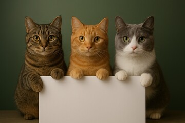 Three cute cats holding a blank white poster for customizable text and pet-themed campaigns
