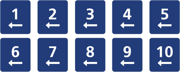 Blue Square Numbers 1-10 with Left Arrows , Set of Blue Square Signs with Numbers 1 to 10 and Left Directional Arrows