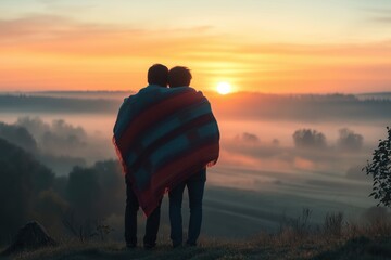 Two men standing closely together on a hilltop at sunrise, wrapped in a shared blanket.