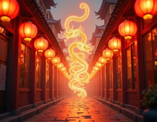 Chinese New Year. A vibrant alleyway illuminated by red lanterns, featuring a majestic golden dragon weaving through the scene, creating a mystical atmosphere.