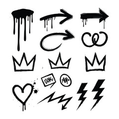 Graffiti style vector icons and symbols including arrows crowns and hearts