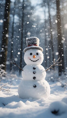 Funny snowman in the winter forest. Christmas and New Year concept.