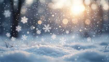 Fototapeta premium Falling snowflakes in winter forest. Christmas and New Year background.