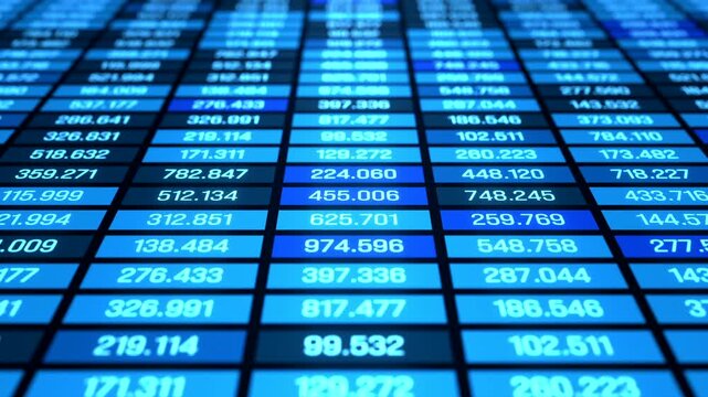 Close up spreadsheet with financial figures, business data, rates, blue colored. Information, revenue, sales data, stock market research, financial report, strategy and planning. 3D animation