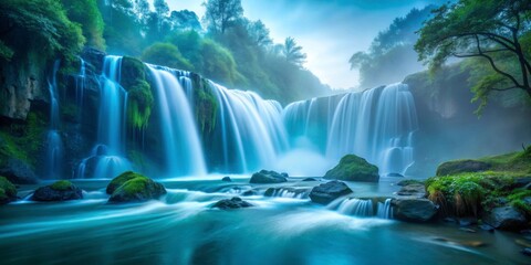 Naklejka premium Serene Waterfall Scene with Misty Atmosphere and Lush Greenery