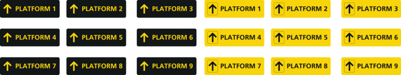 Set of Black and Yellow Train Station Platform Signs with Up Arrows and Numbers