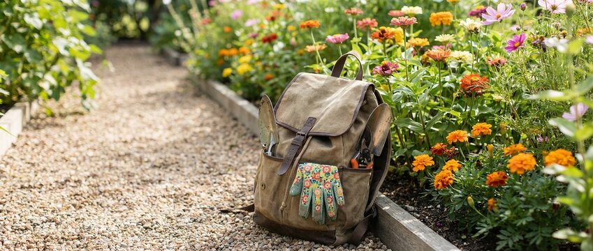Gardening backpack resting on gravel path surrounded by flowers  