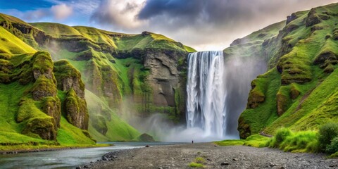 Fototapeta premium Majestic Waterfall Cascading Down Lush Green Mountainside Landscape
