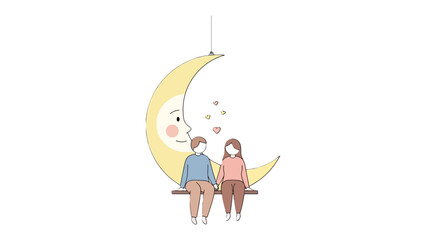 Moonlit Serenade: A tender moment unfolds as a couple shares a serene evening, seated upon a crescent moon swing, bathed in gentle light and surrounded by hearts. 