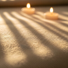 Golden sunlight casts delicate shadows across a textured surface with softly glowing candle flames creating a peaceful atmosphere. isolated on white background
