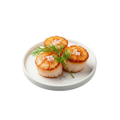 Three perfectly seared sea scallops, on white plate with dill, sea salt, transparent studio background. Concept of culinary perfection