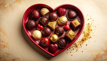 アンティークなワインレッドとクリームベージュのレトロクラシック背景で構成した高級感ある静物シーン。
中央にハート型のネガティブスペースを設け、その周囲に深赤トーンのダークチョコ、プラリネ、キャラメルを丁寧に配置。
縁には微細な金粉がきらりと輝き、エレガントなバレンタイン演出を強調。
やわらかな自然光の影が質感を引き立て、広告・SNS・キャンペーンに最適。
