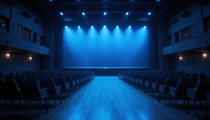 Naklejka premium Empty theater with blue stage lights ready for performance at night Generative AI